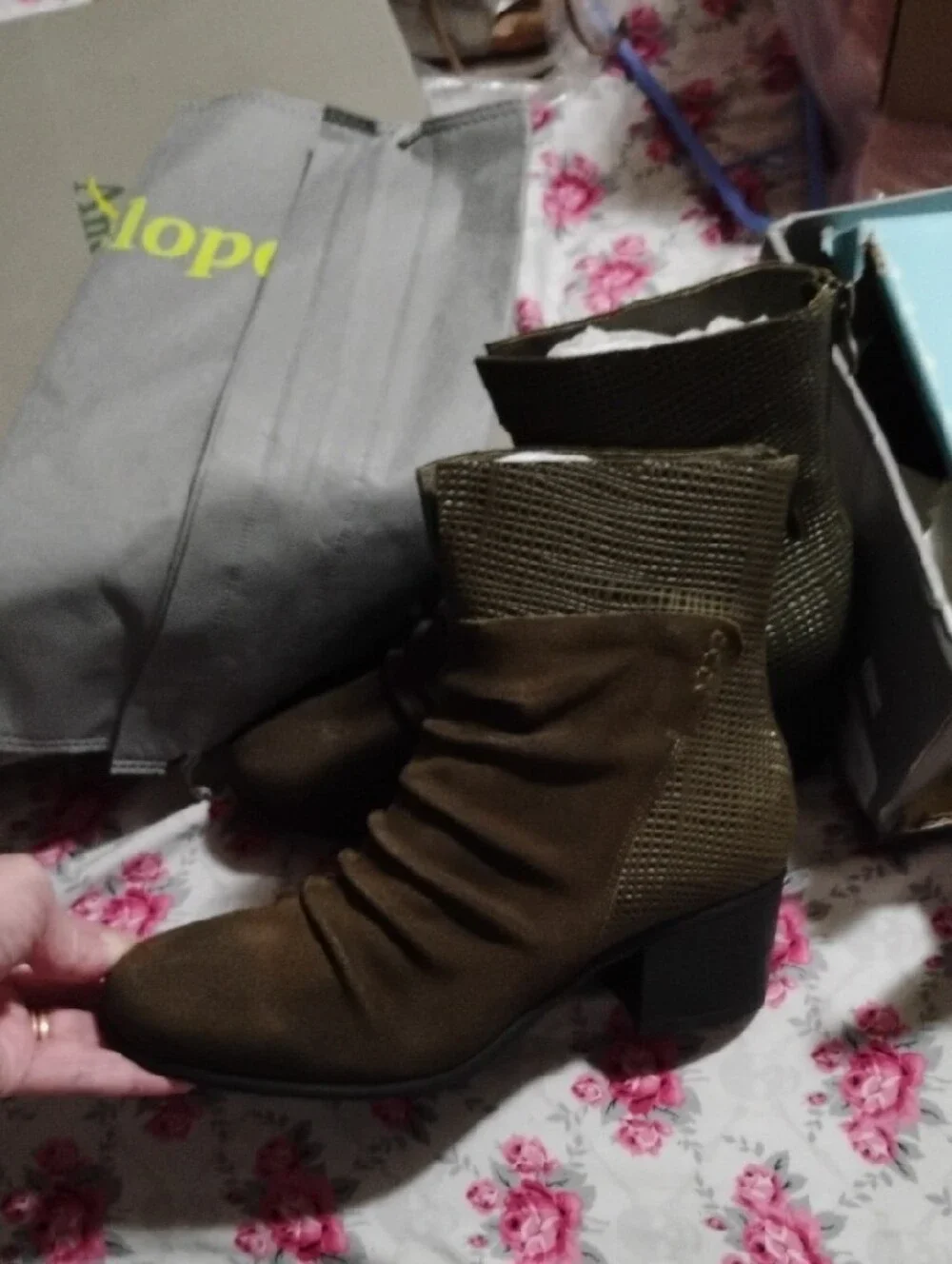 Antelope Olive Suede Ruched Ankle Booties with Textured Heel Size 38